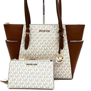 Michael Kors Large Charlotte Tote Bag & Large Double Zip Wallet Vanilla/Brown